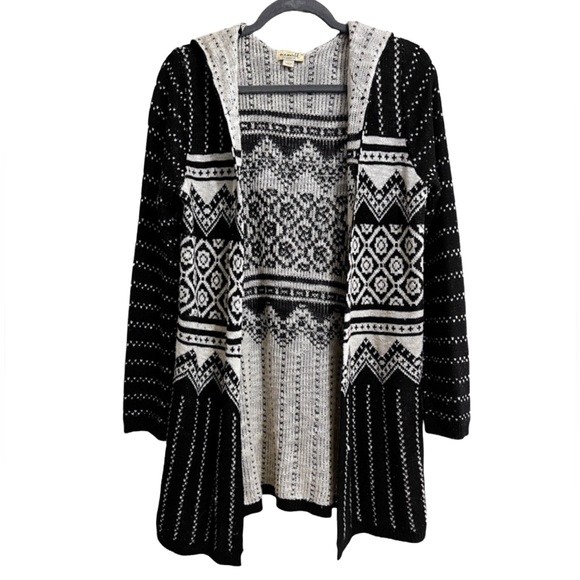 One World Long Hooded Cardigan Black & White Sweater Women’s size Medium - Picture 4 of 7
